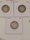 1893 G, 1895 G+, 1898 G+ Silver Barber Quarters, Full Rims, Uncleaned