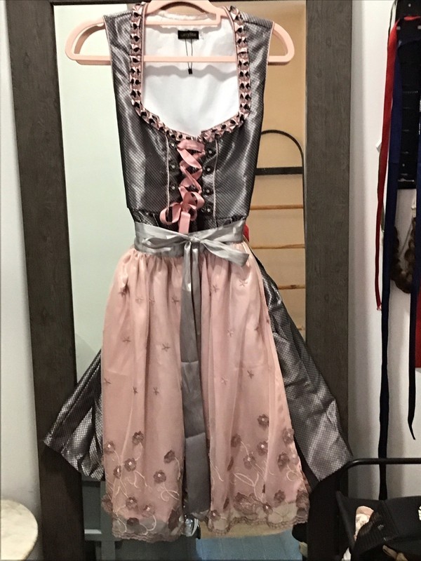 Glory Star Dirndl Dress Bavarian Pink Grey Ribbon Apron for Oktoberfest Size L