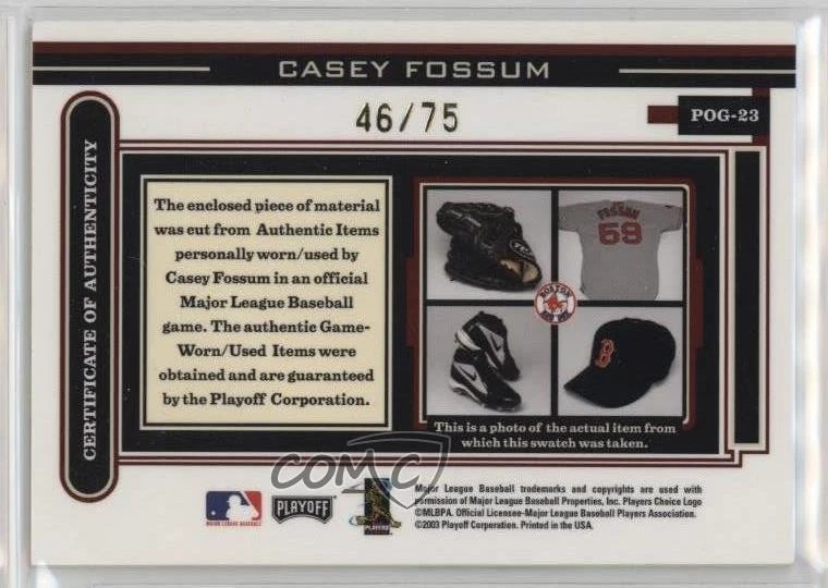 2003 Playoff Piece of the Game Auto /75 Casey Fossum (Hat) #POG-23 Auto - Image 2 of 2