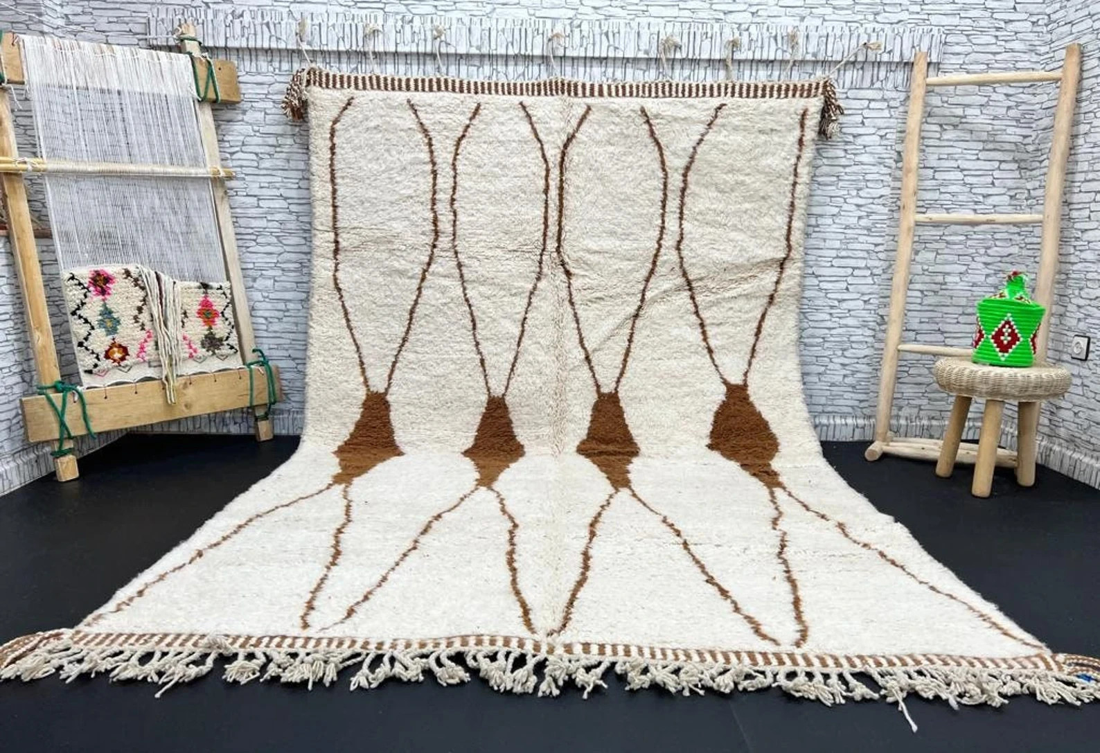 Design Color Brown & White Moroccan Beni Ourain Berber Wool Handmade Carpet Rug