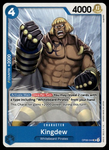 Two Legends #OP08-044 Kingdew card showing muscular figure in blue cape and armor, whitebeard Pirates logo at bottom.