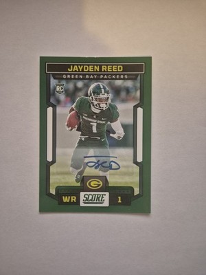 Jayden Reed Signature Panini Score 2023 No. 363 green Rookie Card