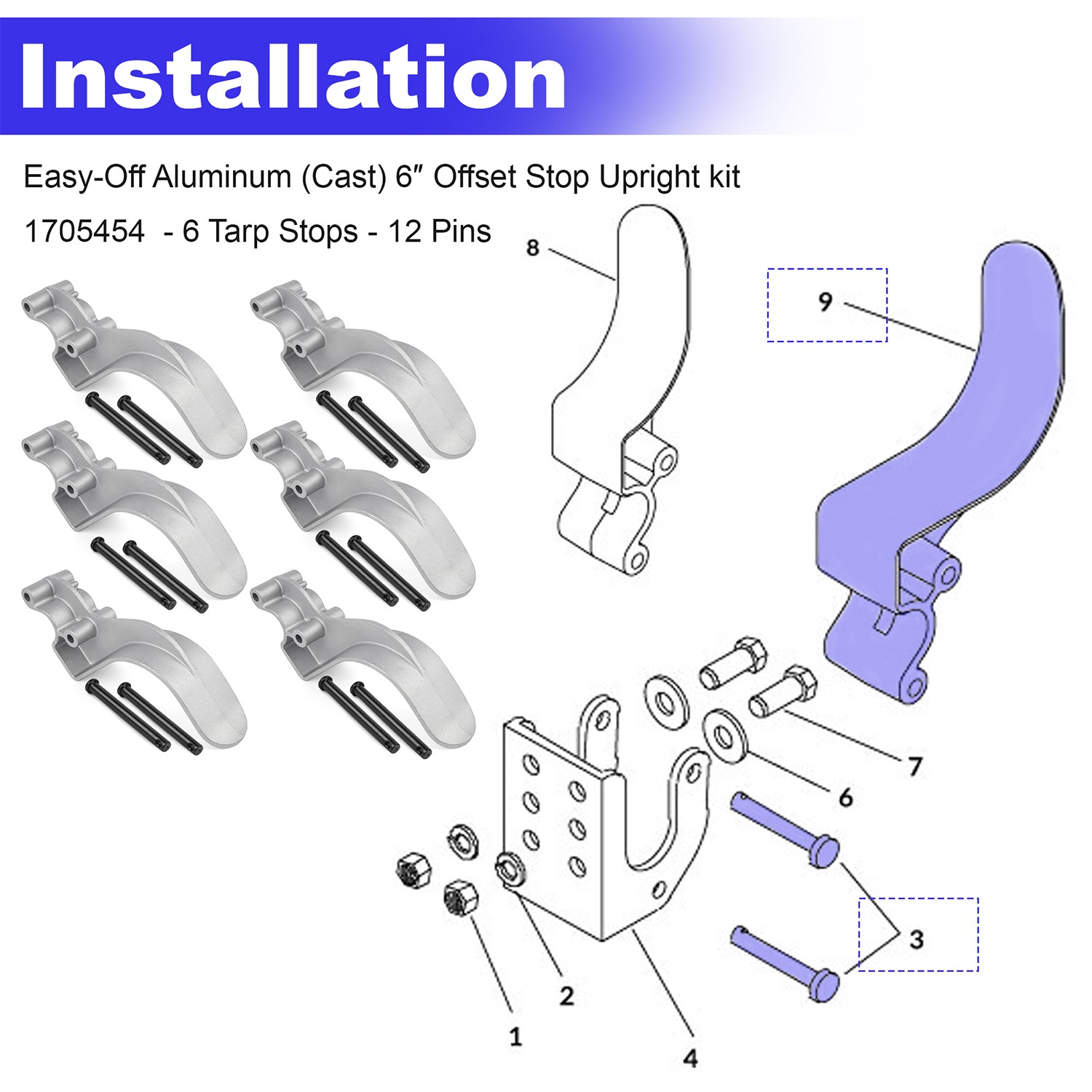  Easy-Off Aluminum (Cast) Tarp Stop w/Clevis Pins-6 Tarp Stops-12 Pins 1705454 