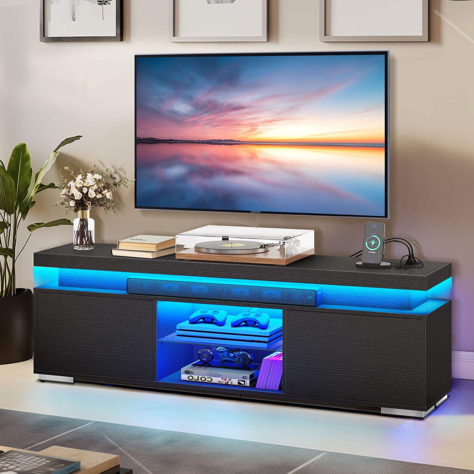 Entertainment Center With Power Outlets For 55/60/65 Inch Tv
