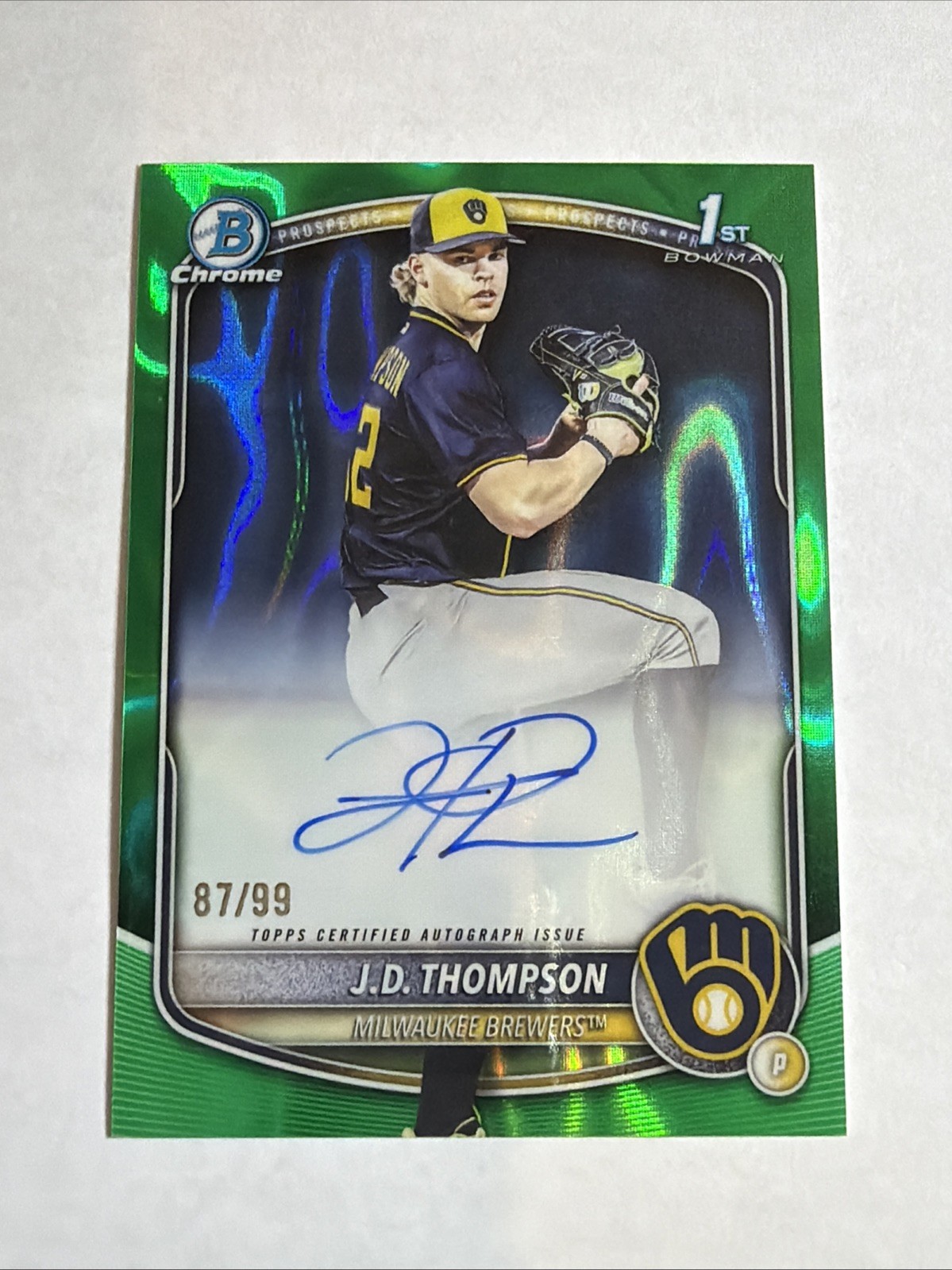2025 1st Bowman Draft Chrome Green Ref J.D. Thompson Auto 87/99 RC SP Brewers