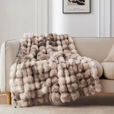 Faux Fur Throw Blanket for Couch, Cozy Soft and Fuzzy Plush Rabbit Fur Bubble Bl