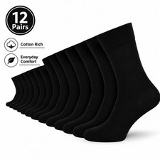 12 Pairs Men’s Casual Cotton Rich Socks Size 6-11 Soft Everyday Wear Plain Black