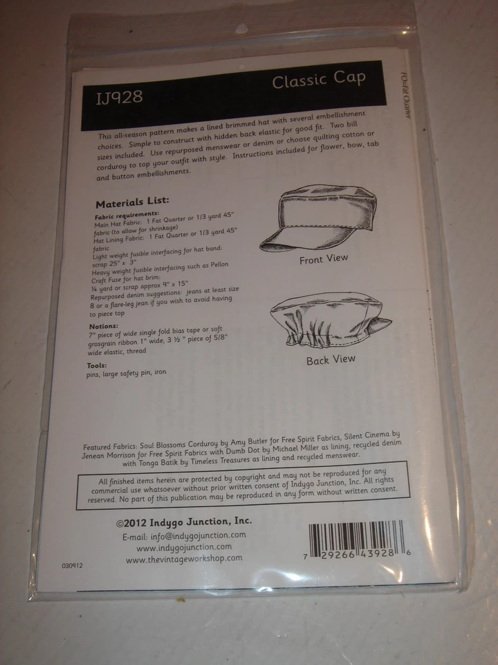 CLASSIC CAP HAT Fabriflair Sewing Pattern IJ928 Indygo Junction Essentials NEW - Image 3 of 4