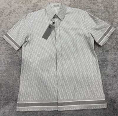 Dior Oblique Grey Logo Cotton Jacquard Short Sleeve Button Up Down
