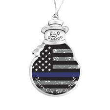 Thin Blue Line Police Appreciation Silver Snowman Christmas 2024 Ornament Gift