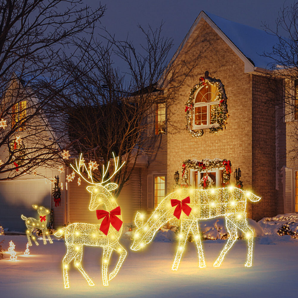 3Piece 2D Reindeer Gold Scarf Large Christmas Deer with Red Bows+Mesh