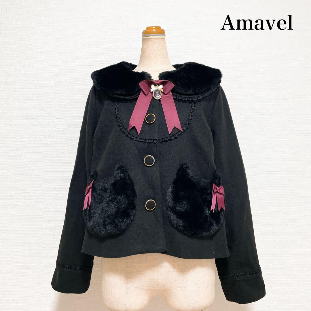 AMAVEL Cat Ears Short Coat Jacket Black Fur Sailor Collar Size OS Lolita Kawaii