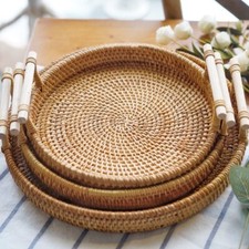Woven Round Tray Saucer Rattan Display Bread Basket Home Dinner Serving