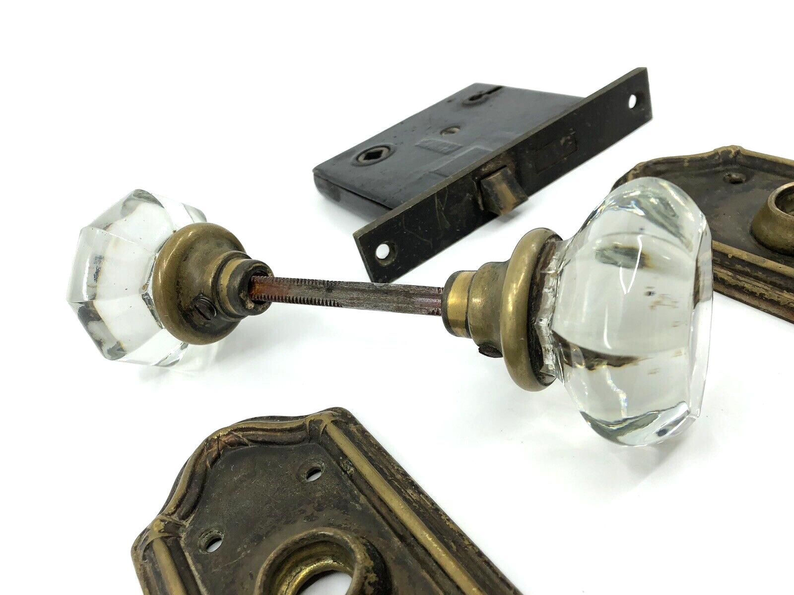 Antique GLASS Door KNOB Set BACKPLATES Vintage MORTISE Lock ENTRY Art