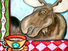 MOOSE Drinking Coffee Art Print 5x7 Wildlife Collectible Signed KSams VIntage