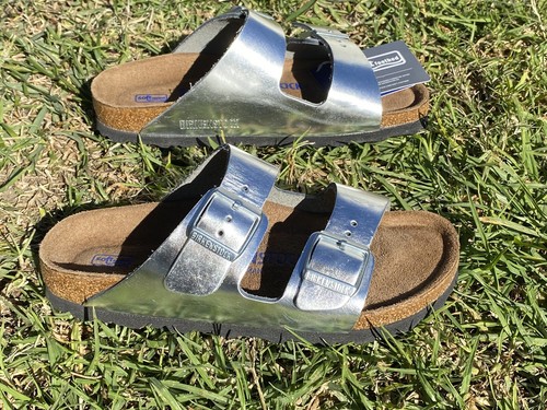 New Birkenstock Arizona Metallic Silver Soft Footbed Sandals Size 35 | eBay