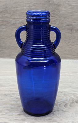 Vintage Cobalt  ''BLUE LUNA CAFE'' Double Handled Glass Bottle * 7  tall w/lid