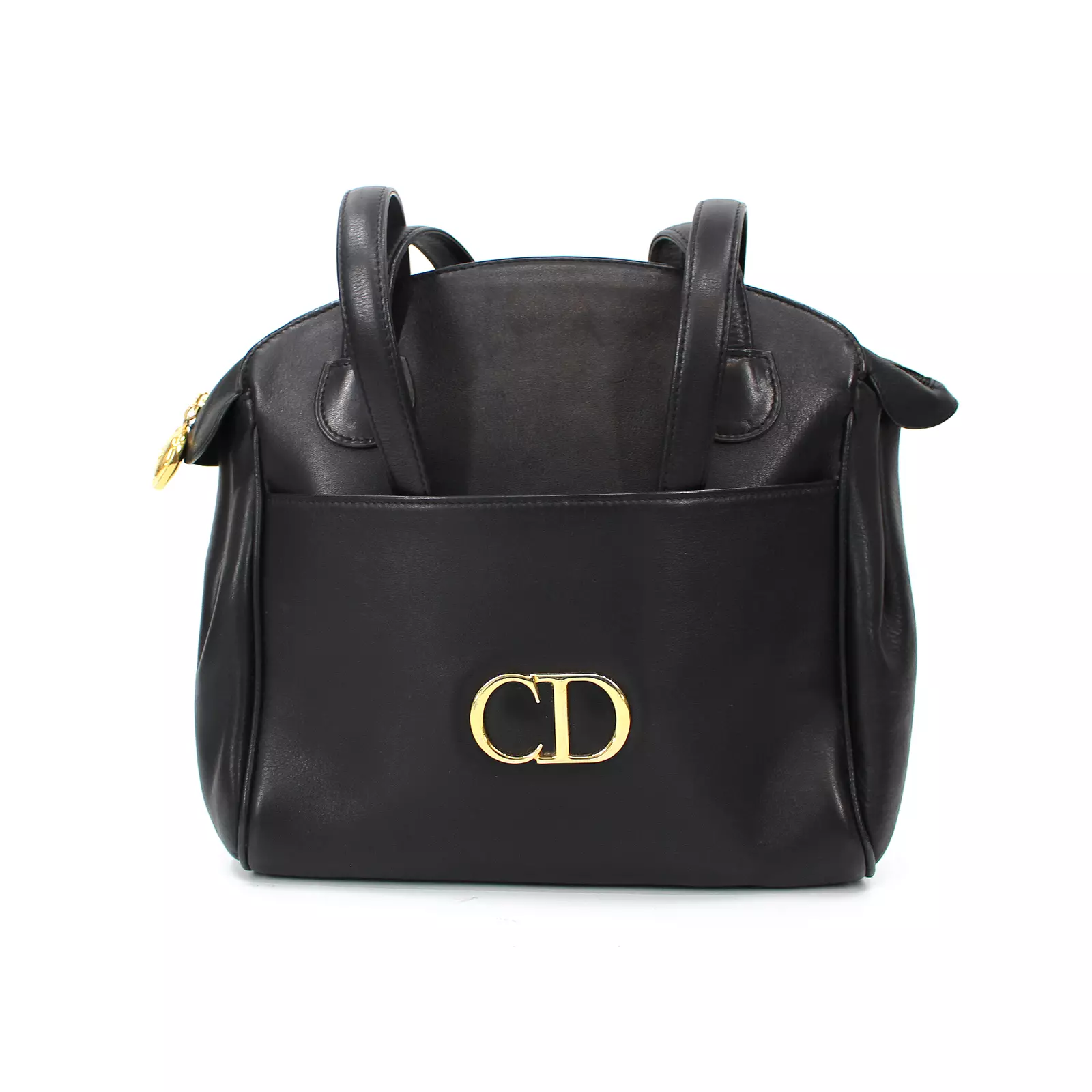 Sac bandoulière zippé Christian Dior cuir noir lisse or CD logo sac cabas sac fourre tout