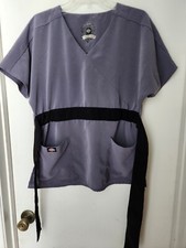 Dickies Black Label Women Scrub Top Small Gray Back Tie Short Sleeve V Neck