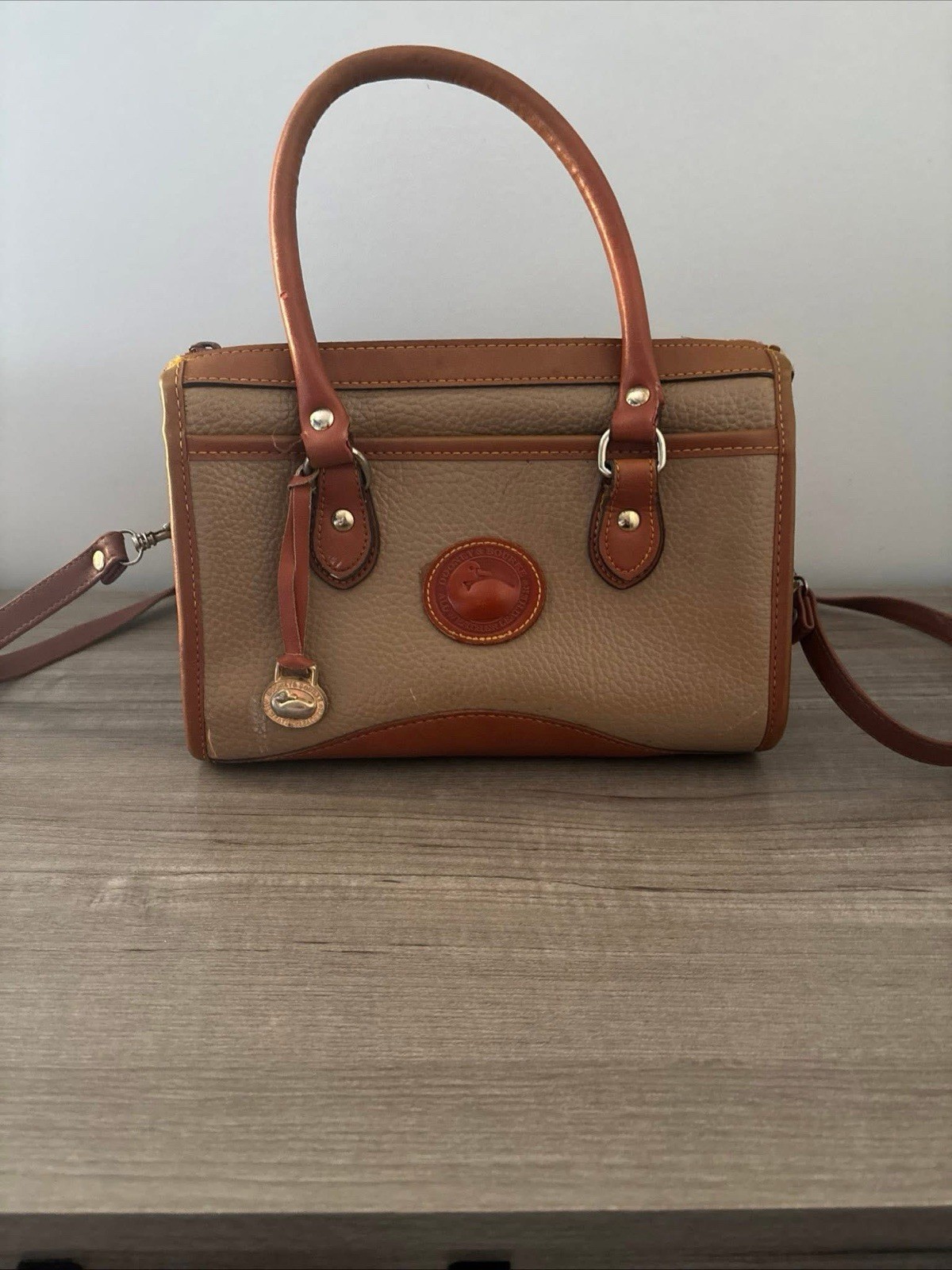 Dooney & Bourke - Beige & Brown Satchel Bag - Gold Hardware - Logo Accent