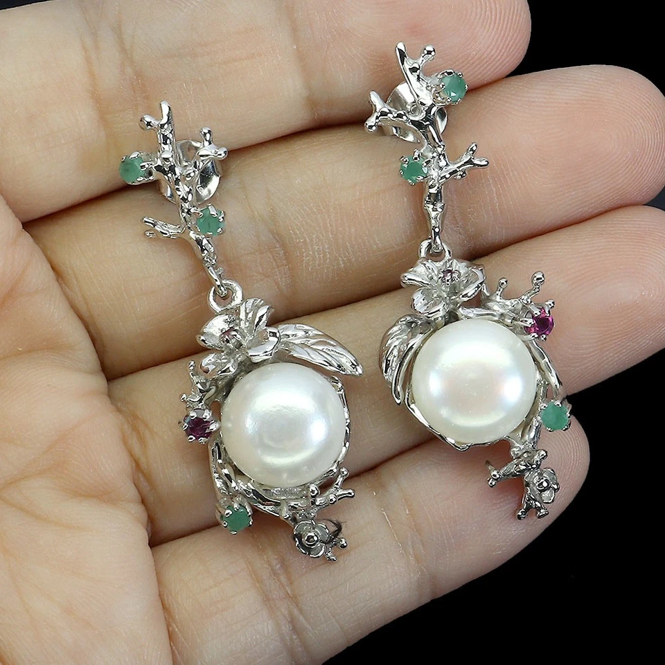 925 Orecchini Argento Sterling Rotondo Smeraldo Rodolite Perla Gemma Gioielli - Immagine 2 di 4