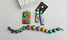 Handcrafted Abstract Colorful Fused Dichroic Glass Pendant, Earrings, Bracelet