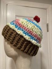Handmade Crochet Rainbow Vanilla Cupcake Beanie Winter Hat Cozy Comfy Warm