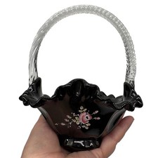 Vtg Fenton Black Glass Ruffled Basket Hand Painted Floral Signed Clear Handle