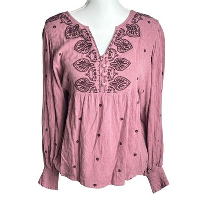 City Chic Embroidered Peasant Top Sz M XL Pink Mauve Smocked Cuff Boho Hippie