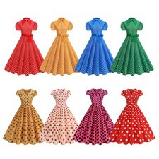 Women's 50s 60s Retro Lapel Polka Dot Dress Cocktail Party Swing Dresses.