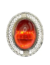Pink orange oval cabochon silver tone filigree design ornate brooch pin vintage