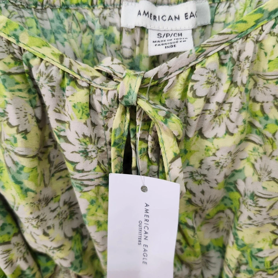 Vestido American Eagle AE Corbata Frontal Acanalado Pequeño Verde Floral Mini Forrado Lechera Foto 2 de 4