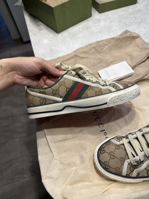 Gucci Tennis 1977 GG Logo Lace Up Canvas Sneakers Beige 606110