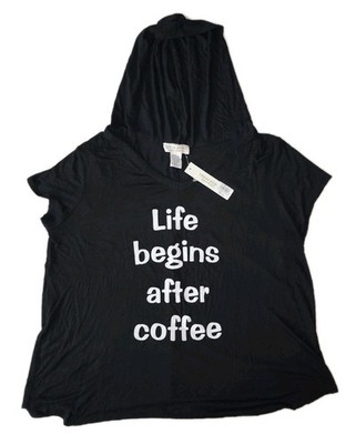Urban Rebel Life Begins After Coffee Black Hooded Tunic Top Women 1X