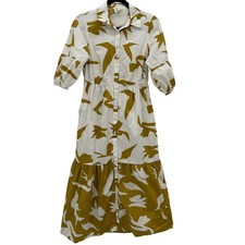 NAOO Mustard Yellow Bird Print Cotton Button Midi Dress Sz M Cottagecore Prairie