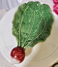 Vtg radish/turnip leaf ceramic dish with #477/1- READ