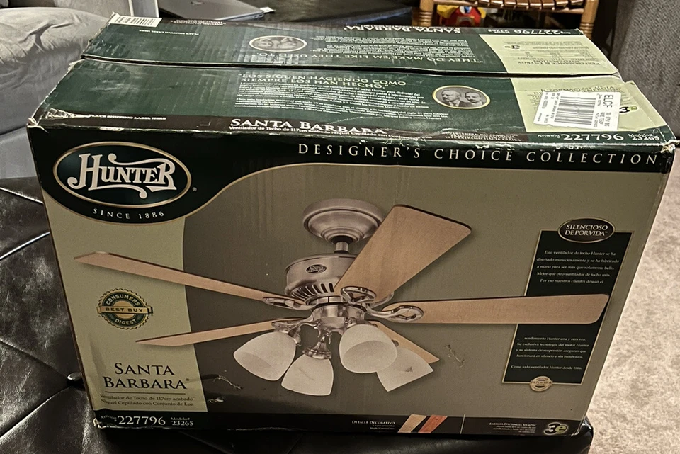 NEW ! HUNTER Santa Barbara 46” Brushed Nickel Ceiling Fan W Light MDL # 23265 - Image 2 of 4