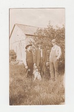 Vtg Photo 3 Country Farm Men pose with Hunting Pet Dog Newsboy Hat Cap 1920s 30s