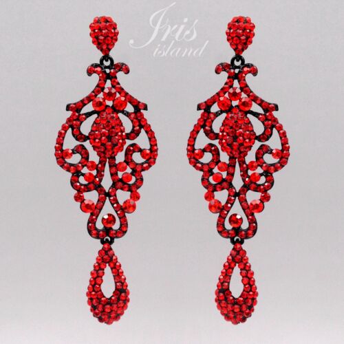 Red Crystal Rhinestone Chandelier Drop Dangle Earrings 944 Black Alloy Prom - Picture 1 of 4