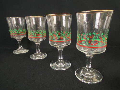Set of 4 Vintage Arby's Swirl Holly & Berries Gold Trim 6 3/4" Water Goblets