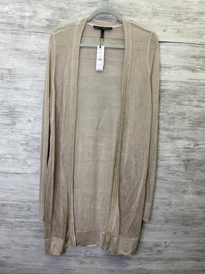 WHBM Cardigan Size L Light Sand Net Crochet Coverup Long Sleeve MISSING BELT