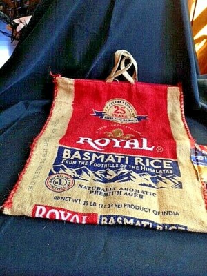 ROYAL BASMATI RICE BAG BURLAP ZIPPER AND HANDLES 25TH ANNIVERSARY 19 X 15