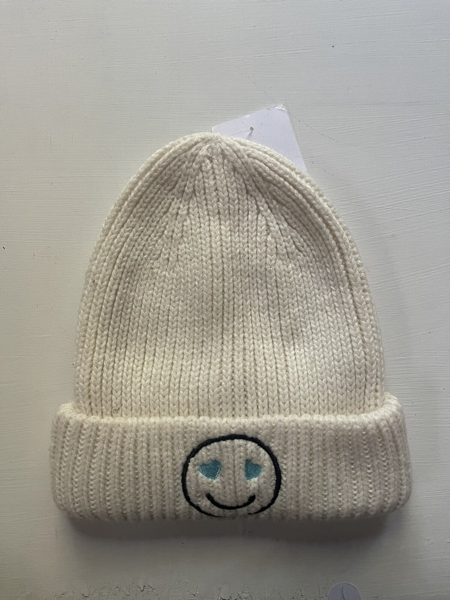 NWT NORDSTROM Knit Beanie Hat Ivory Embroidered Smiley Face  display picture 1