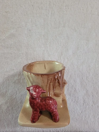 Antique PURPLE LAMB WITH TREE STUMP POTTERY POT PLANTER Early w/crazing HULL