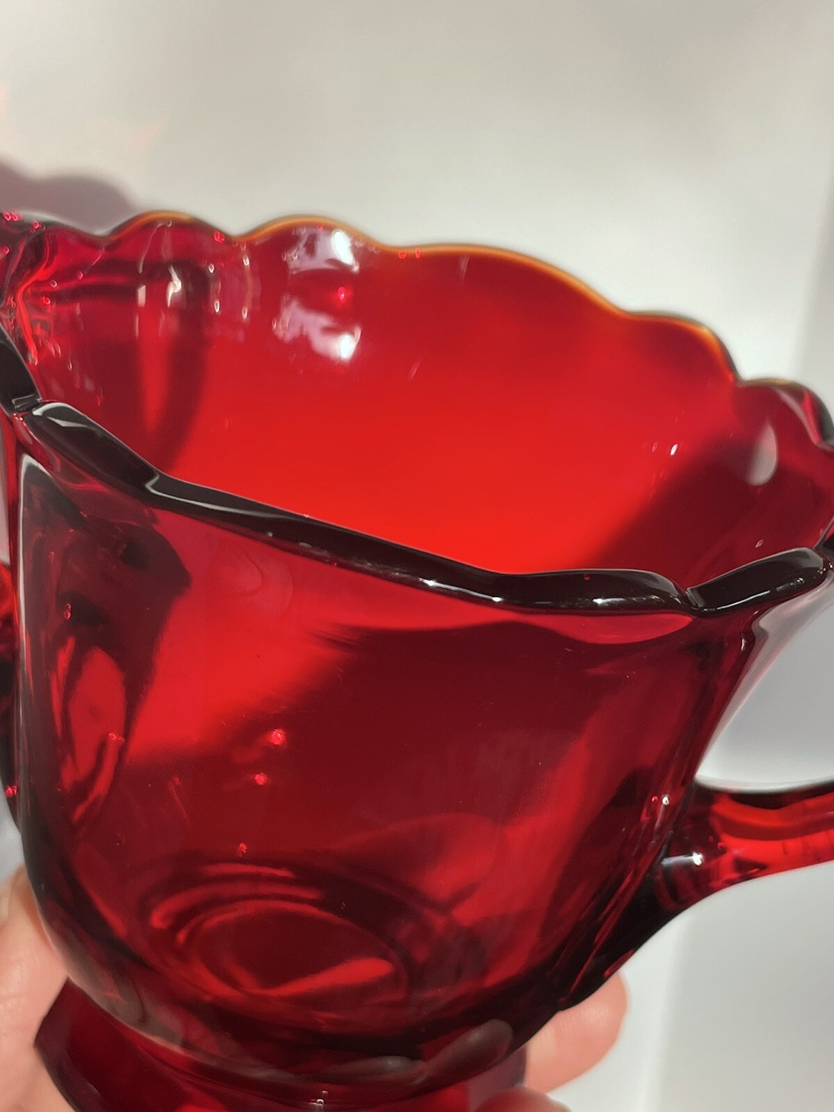 VTG Ruby Red Glass Open Sugar / Spooner Scalloped Rim Edge Footed Rare ...