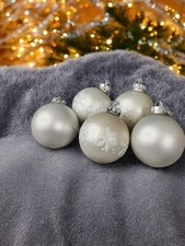 Christmas Ornament Baubles Glass White Satin Snowflake Glittered Holiday Set 5