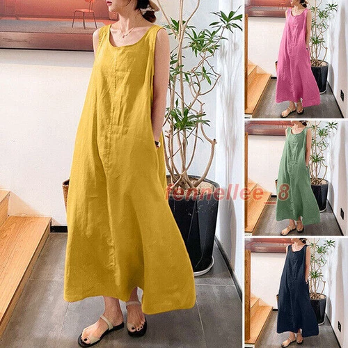Womens Loose Camisole Dress Round Neck Cotton Linen Pocket Sleeveless Long Gown - Bild 2 von 30