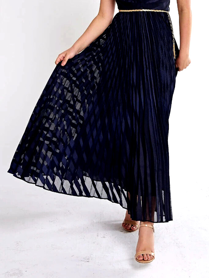 ZIMMERMANN-Burnout Sunray Pleated Midi Skirt-Lined-Dark Navy-Sz 3