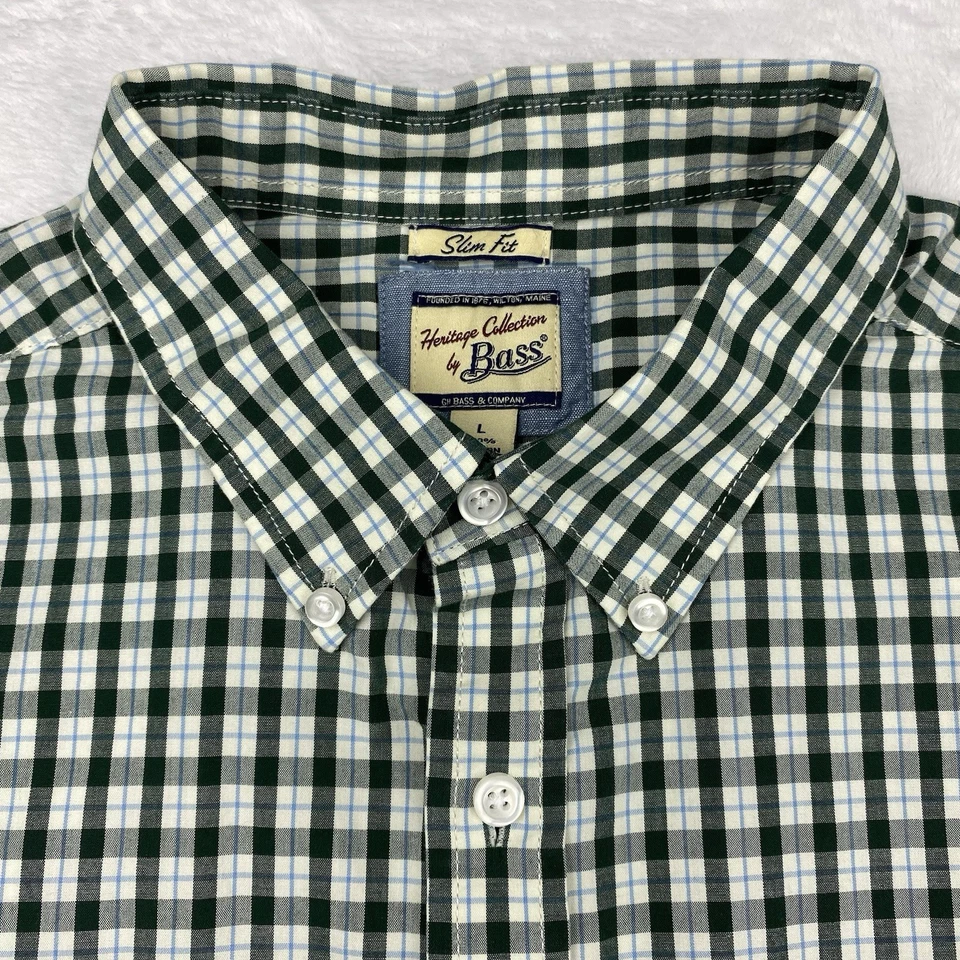 BASS Heritage Collection  Shirt Mens Large Green/White/Blue Checks Slim Fit NWT! - Image 3 of 4