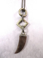 Vintage Long Necklace Rustic Distressed Metal Rhinestones Faux Horn 28 To 31 In